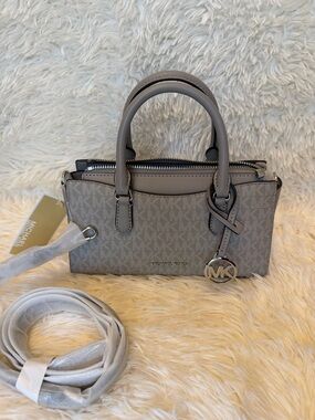 Michael Kors Arden Pearl Gray Signature Mini Designer Satchel with MK Charm